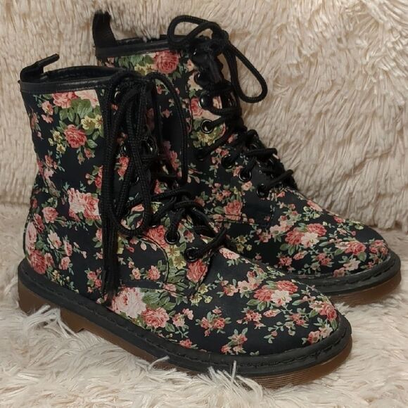 Black and Pink Floral Combat Boots, Size 36 - Picture 1 of 6